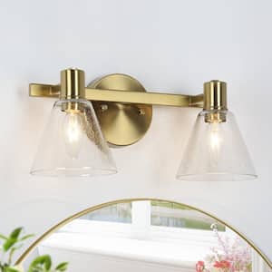 Traditional Gold Bathroom Vanity Light, 15 in. 2-Light Modern Wall Sconce Light with Seeded Glass Shades for Powder Room