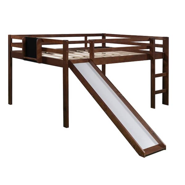 aisword Full Size Loft Bed Wood Bed with Slide, Stair and Chalkboard - Walnut