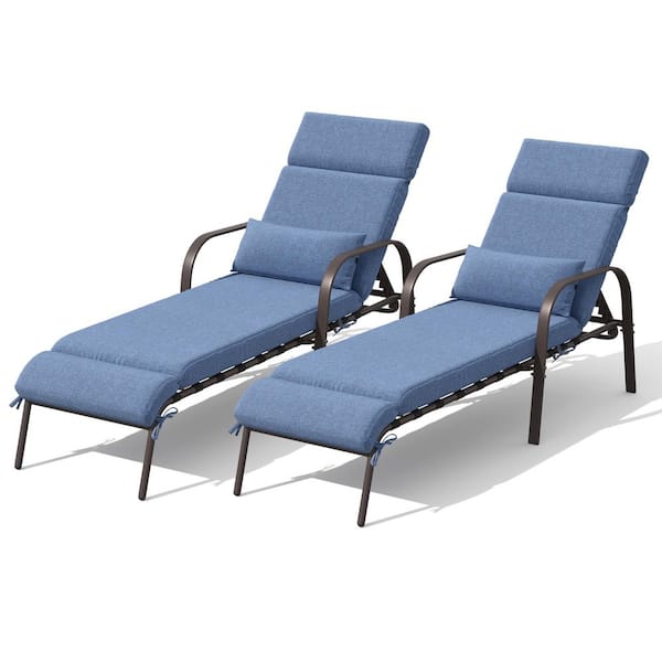 2-Piece Metal Adjustable Outdoor Backrest Chaise Lounge with Arms and Dark Blue Cushions