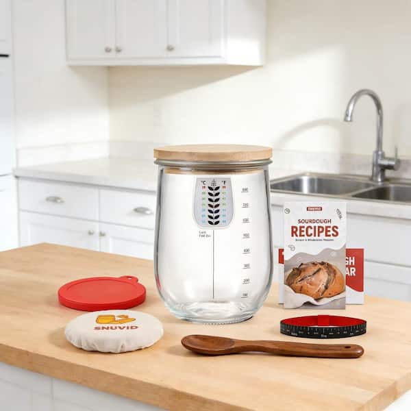 34 oz. Thick Glass Sourdough Starter Kit Set with Multi Lids Thermometer Spurtle for Home Baking