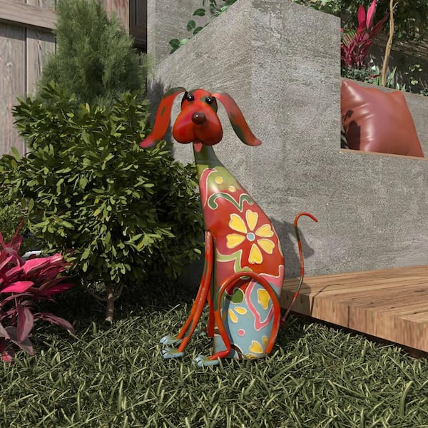 Litton Lane 17 in. Metal Indoor Outdoor Dog Garden Sculpture with Floral Pattern