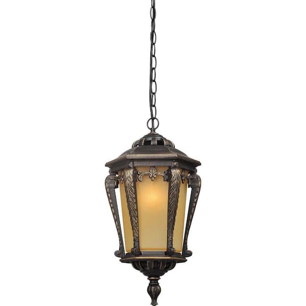 1-Light Golden Rust Indoor or Outdoor Aluminum Mini Hanging Pendant Light with Tapered Champagne Bubble Glass