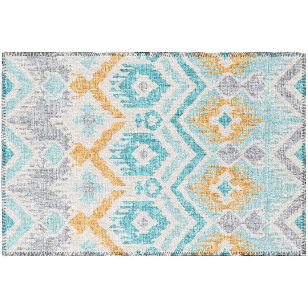 Yuma Blue 1 ft. 8 in. x 2 ft. 6 in. Geometric Indoor/Outdoor Washable Area 