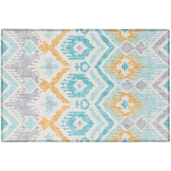 Addison Rugs Yuma Blue 1 ft. 8 in. x 2 ft. 6 in. Geometric Indoor/Outdoor Washable Area Rug