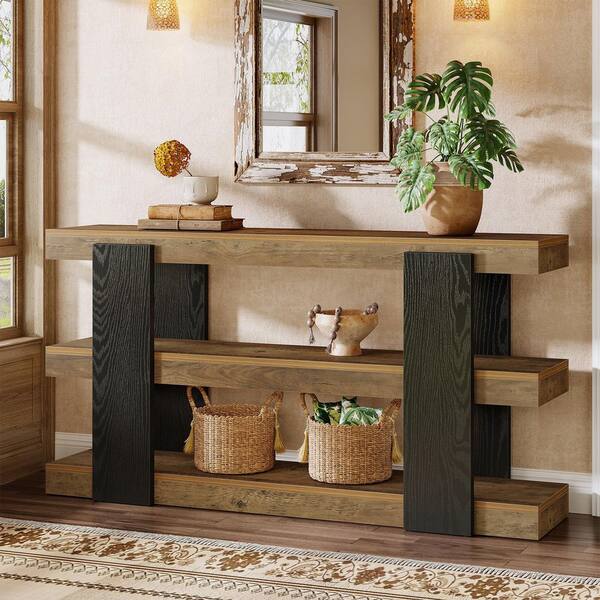 BYBLIGHT Turrella 63 in. Brown Rectangle Wood Console Table with 3