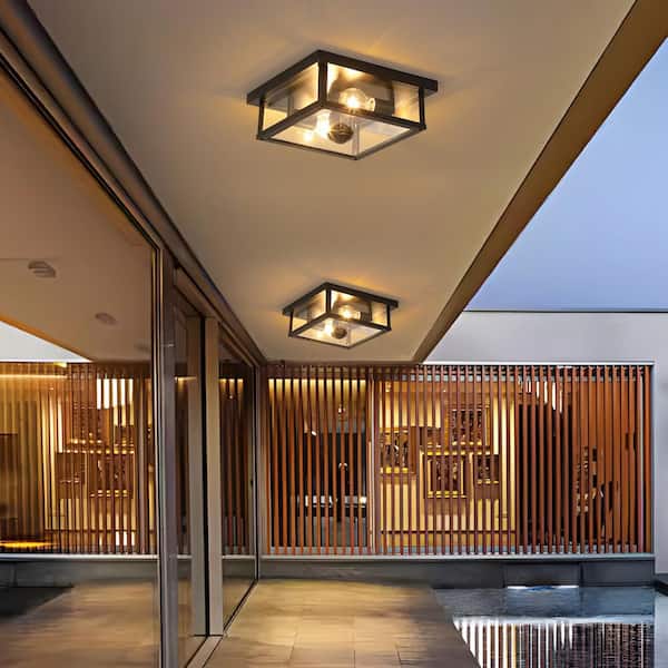 12.2 in. 2-Light Matte Black Motion Sensing Outdoor No Bulb Included Flush Mount Ceiling Light with Clear Glass