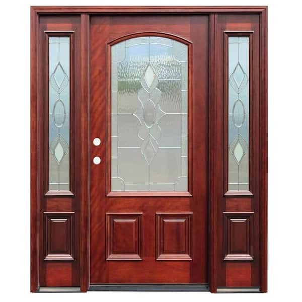 Pacific Entries 70 in. x 80 in. Strathmore Traditional 3/4 Arch Lite Stained Mahogany Wood Prehung Front Door with 14 in. Sidelites