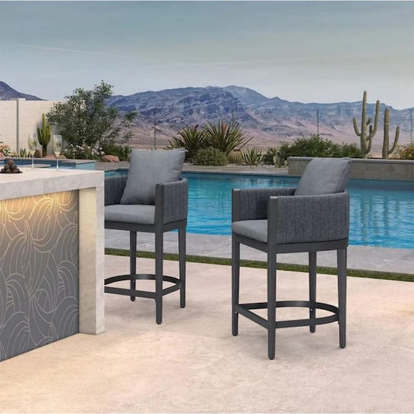 Aluminum Counter Height Outdoor Bar Stool Olefin Weaving Oval Leg with Backrest and Cushion, Gray(2-Pack)