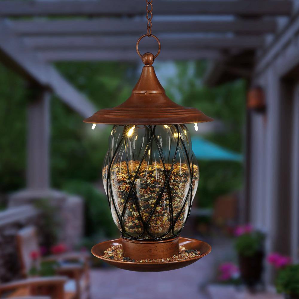 Solar Bronze Metal and Glass Hanging Bird Feeder