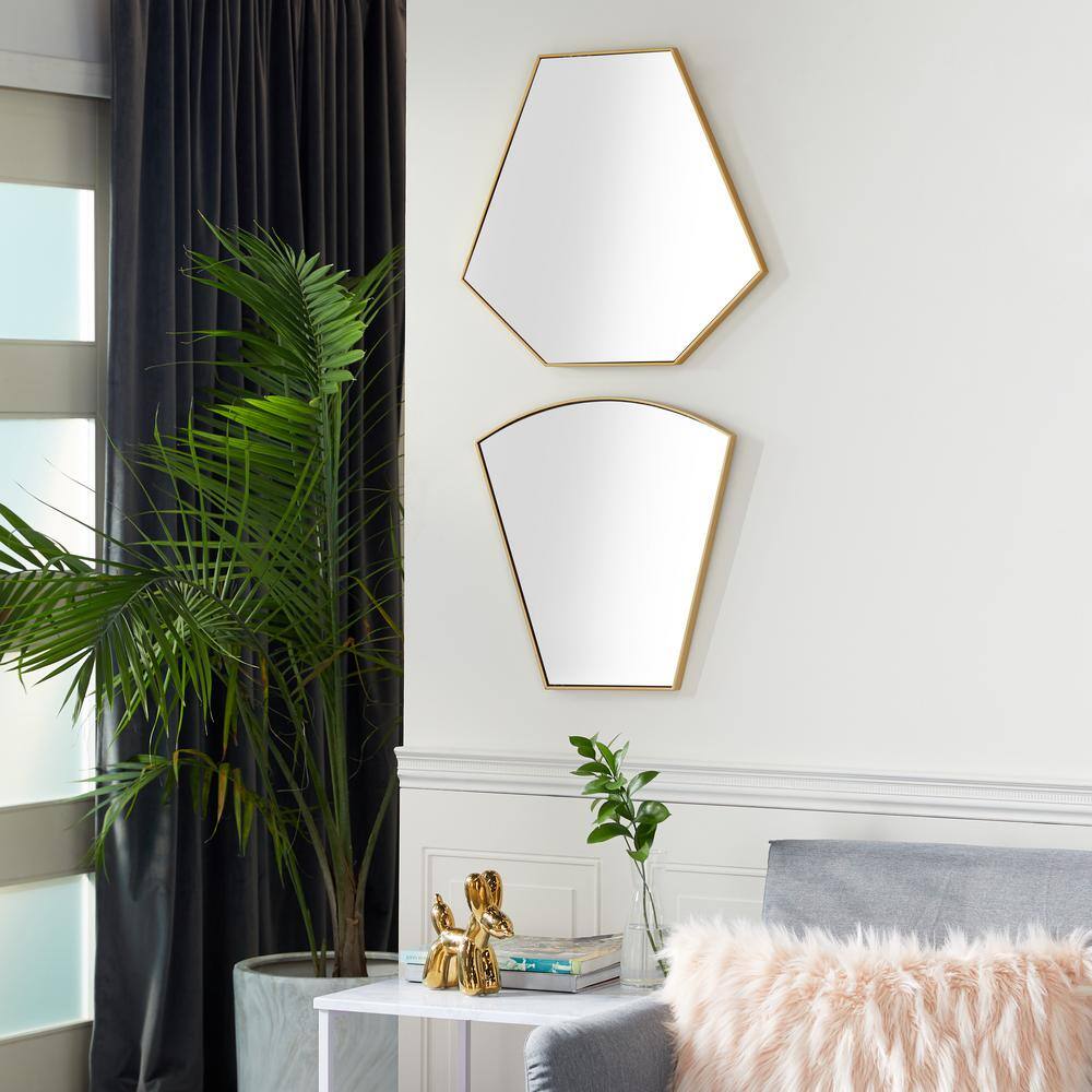 Gold Geometric Wood and Metal Wall Mirror Set, 18" and 19"