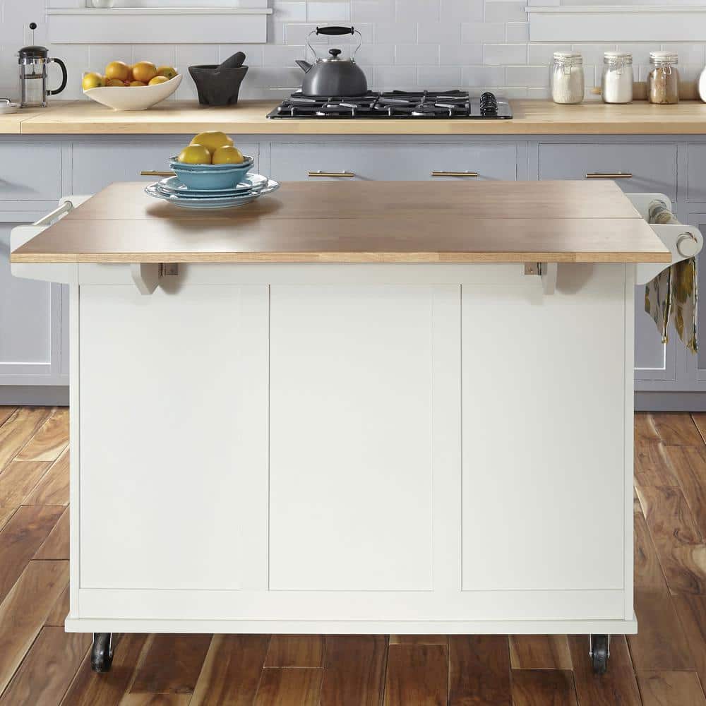 White Wood Drop Leaf Kitchen Cart with Storage and Spice Rack