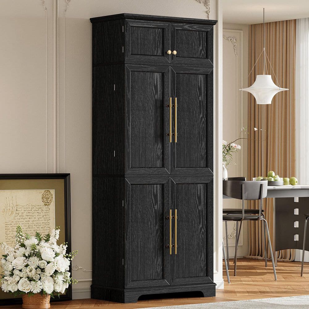 Tilda Ash Black 78.2 in. Kitchen Pantry Storage Cabinet with Adjustable Shelves, Wine Rack, Door Storage and Drawer