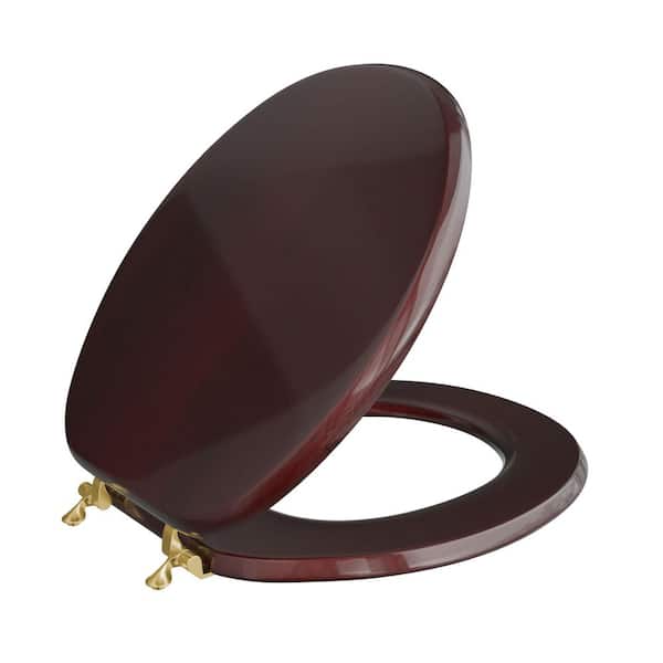 Mahogany Designer Wood Round Toilet Seat with Piano Finish, Closed Front with Cover, Polished Brass Hinges