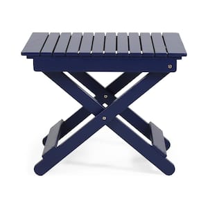 Navy Blue Folding Acacia Wood Outdoor Side Table for Backyard, Poolside