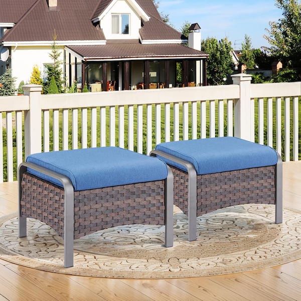 Opohoro Brown Wicker Outdoor Ottoman with Metal Legs and Navy-Blue Cushions for Patio or Backyard Porch (2-Pack)