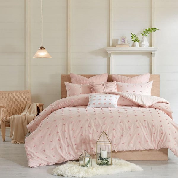 Intelligent Design Maize 7-Piece Pink Cotton Full/Queen Cotton Jacquard Duvet Cover Set with Euro Shams and Throw Pillows