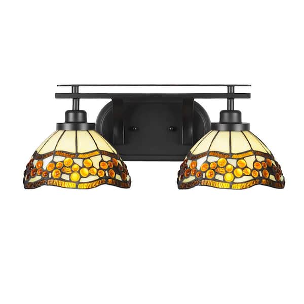 Unbranded Monroe 18 in. 2-Light Matte Black Vanity Light with 7 in. Roman Jewel Art Glass Shade No Bulbs Included