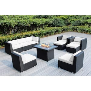 Ohana Black 10 -Piece Wicker Patio Fire Pit Seating Set with Sunbrella Natural Cushions