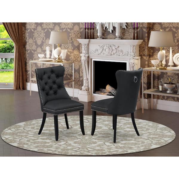 East West Furniture Wire brushed Black, Parsons Dining Chairs-Dark Gray Faux Leather Upholstered Chairs (Set of 2)