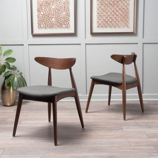 CHRISTOPHER KNIGHT HOME Tessa Light Gray and Walnut Upholstered Mid-Century Modern Dining Chairs, Solid Wood, (set of 2)