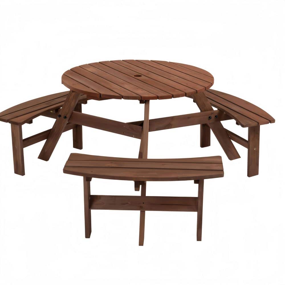 67 in. Brown Round Fir Wood Picnic Table with 3 Built-In Curved Benches, 6-Seat, 2-inch Umbrella Hole price history on PriceWatchPro