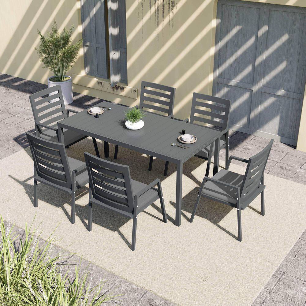 Chelsea 7-Piece Aluminum Dining Set with Rectangular Extendable Table and 6 Dining Chairs with Cushions in Black
