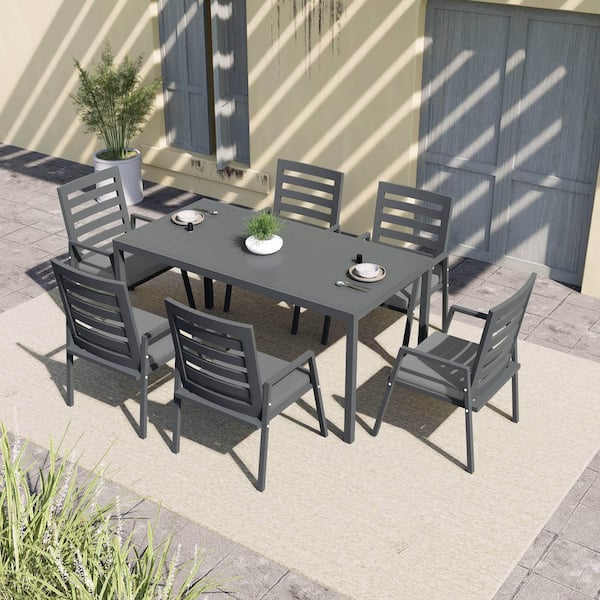 Leisuremod Chelsea 7-Piece Aluminum Dining Set with Rectangular Extendable Table and 6 Dining Chairs with Cushions in Black