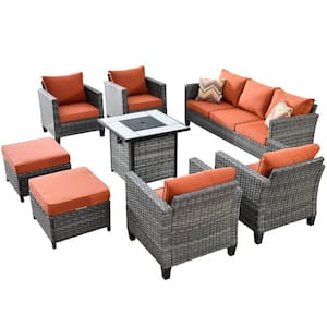 New Vultros Gray 8-Piece Wicker Patio Fire Pit Conversation Seating Set with Orange Red Cushions