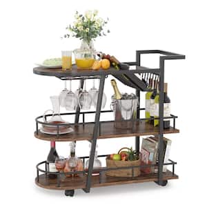 Scott 37.8 in. Wood Bar Cart, Industrial 3-Tier Home Bar Serving Cart with Wine Rack and Glasses Holders, Vintage Brown