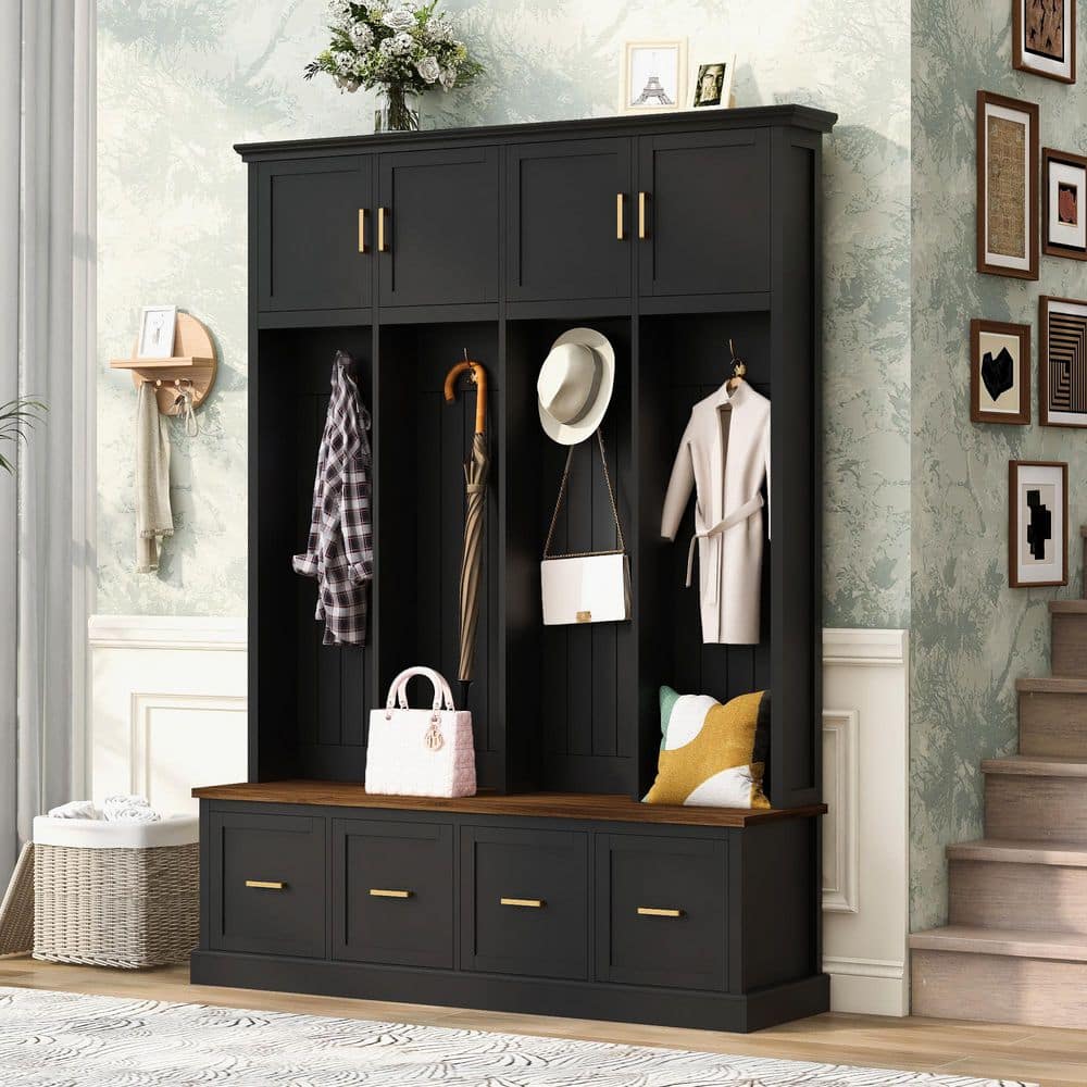 All-in-One Black Entryway Organizer Hall Tree with Bench, Hooks, Cabinets, 4 Drawers