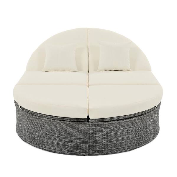 Wicker Outdoor Patio Day Bed with Adjustable Backrests and Beige Cushions