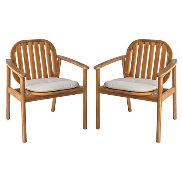 Carey Patio Solid Wood Outdoor Dining Chair with Beige Cushions, Slatted Design, Teak Finish, (Set of 2)