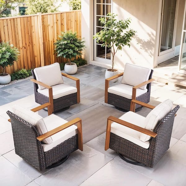 Kove 4-Piece Brown Wicker Outdoor Rocking Chair Patio Conversation Swivel Glider Set with Beige Cushions