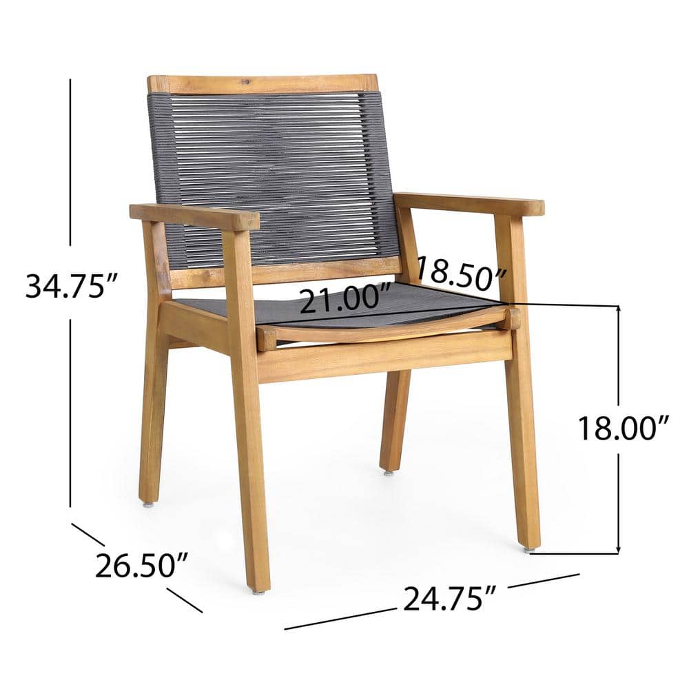 Set of 2 Teak and Dark Gray Rope Outdoor Dining Chairs