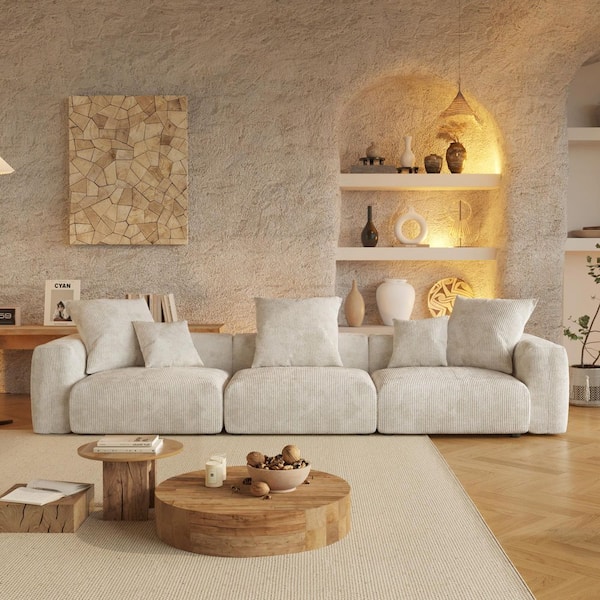 Modern 142 in. Square Arm Corduroy Modular Oversized Floor 3-Seats Sofa Couch for Living Room in Beige