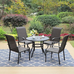 Black 5-Piece Metal Slat Round Table Patio Outdoor Dining Set with Brown Rattan High Back Wave Arm Chairs