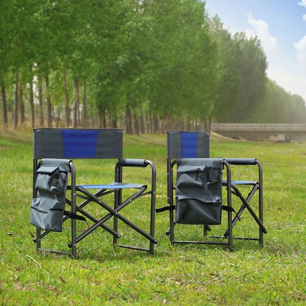 2-Piece Blue Steel Padded Folding Lawn Chair Outdoor Chair with Storage Pockets