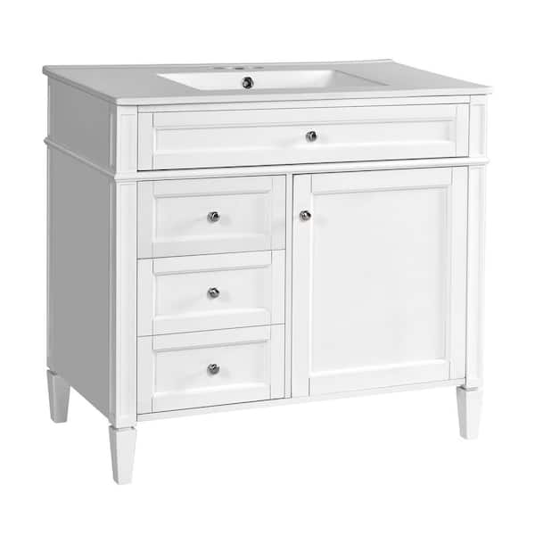 36 in. W Single Sink White Bath Vanity with White Ceramic Sink Top, Tip-out Drawer Bathroom Storage Cabinet Unassemble