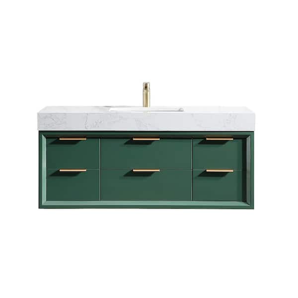 Unbranded 48 in. W x 21 in. D x 21 in. H Floating Bath Vanity in Green with White Engineer Stone Top