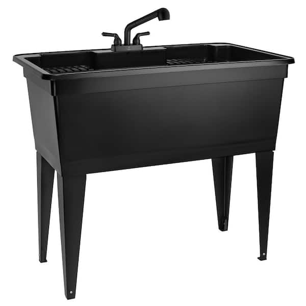 23.75 in. D x 39.5 in. W 37-Gallon Freestanding Laundry/Utility Sink in Black with Black Pull-Out Faucet