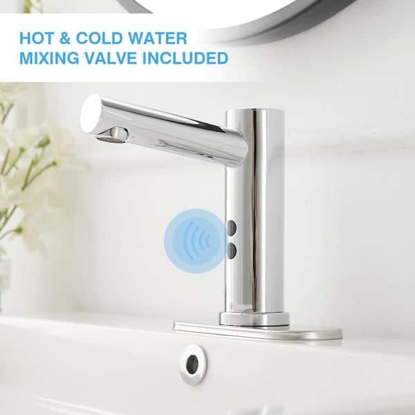Automatic Sensor Touchless Single Hole Bathroom Sink Faucet with Deck Plate in Polished Chrome