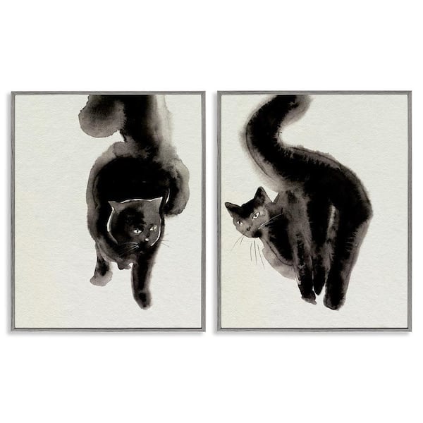 Minimal Black Cats by Melissa Wang 2 Pieces Gray Framed Animal Giclee Art Print 14 in. x 11 in.