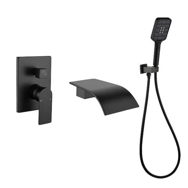 AIMADI Single-Handle Wall-Mount Roman Tub Faucet with Hand Shower 3-Hole Waterfall Brass Bathtub Faucets in Matte Black