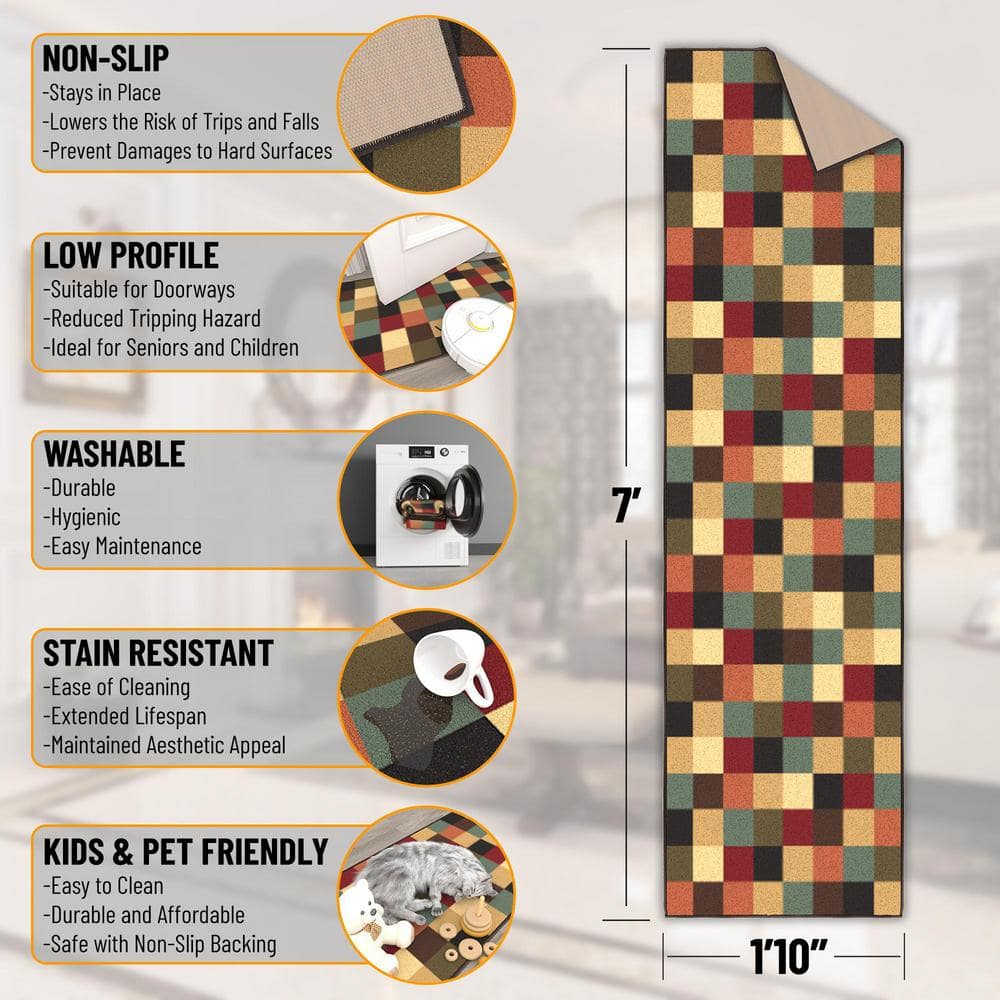 Contemporary Checkered Multicolor Low Pile Runner Rug, 84"L x 22"W