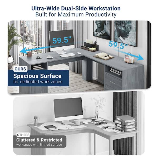 TECHNI MOBILI 60 in. L-Shaped Gray 2 Drawer Computer Desk with
