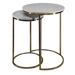 17.75 in. White and Shiny Brass Round Marble Top Nesting End Table with Metal Frame (Set of 2)