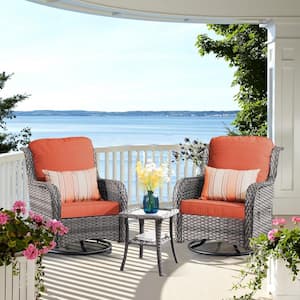 Erie Lake 2-Piece Gray Wicker Outdoor Rocking Chair Set with Orange Red Cushions and 1 Table