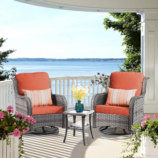XIZZI Erie Lake 2-Piece Gray Wicker Outdoor Rocking Chair Set with Orange Red Cushions and 1 Table