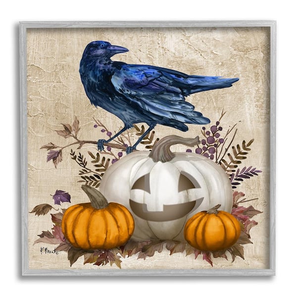 Stupell Industries Raven and Jack-o-Lantern by Paul Brent 1 Piece Framed Graphic Print Animal Poster Art Print 24 in. x 24 in.