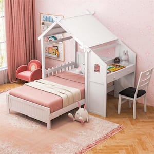 White Twin House Bed with Desk and Chair with 2-Drawers Windmill Fence and Headboard for Teens